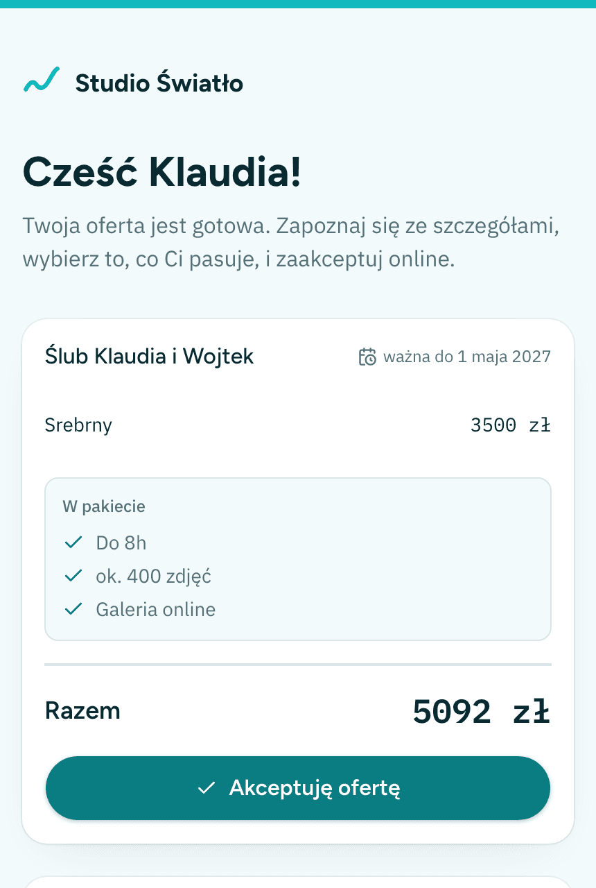 Klient ogląda i akceptuje bez zakładania konta.